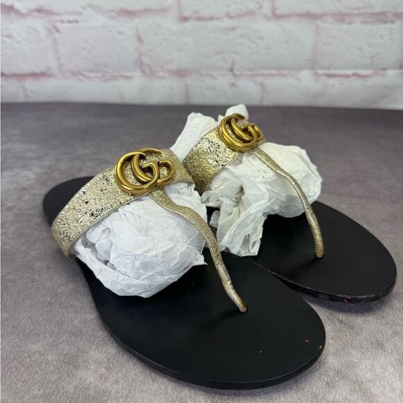 Gucci Crinkled Metallic Gg Marmont Leather Thongs 39.5 - Picture 1 of 13